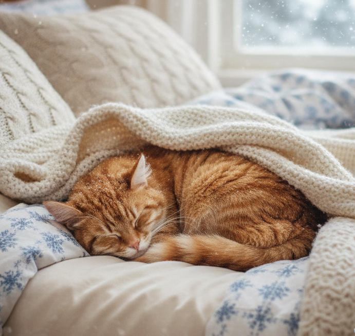 image d'un chat illustrant les 4 conseils bien-être pour un sommeil réparateur en hiver
